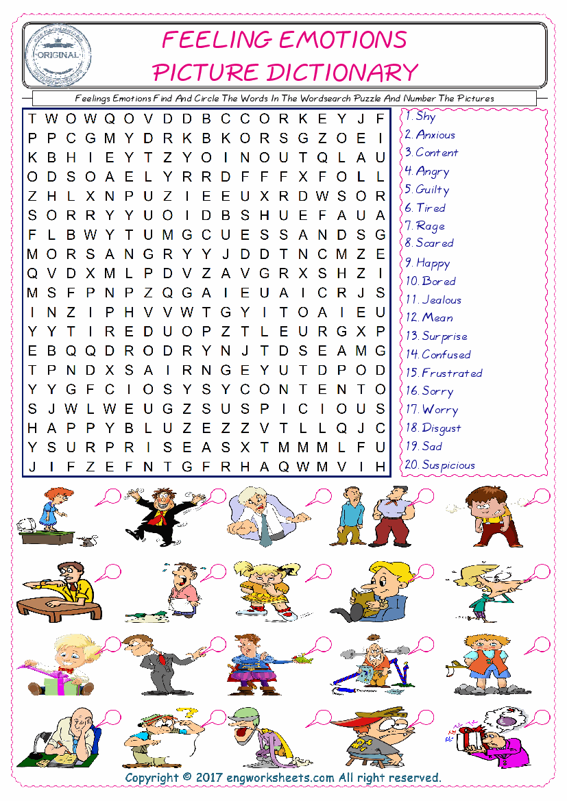  ESL wordsearch worksheets for kids, find Feelings Emotions words in the word wordsearch write its number on its picture English worksheet. 